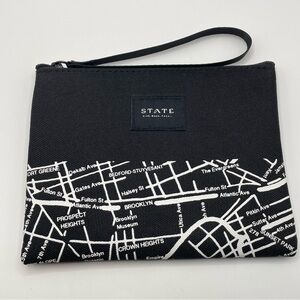 STATE  America Airlines Wristlet Pouch in Black with White Map Print
